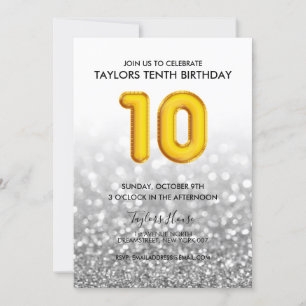 Gold Balloon Silver Glitter 10th Birthday Party Invitation