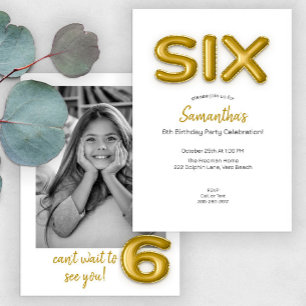 Gold Balloon Sixth Birthday Photo Invite