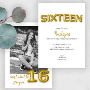 Gold Balloon Sweet 16 Birthday Photo Invite