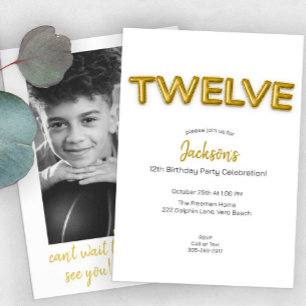 Gold Balloon Twelfth Birthday Photo Invite