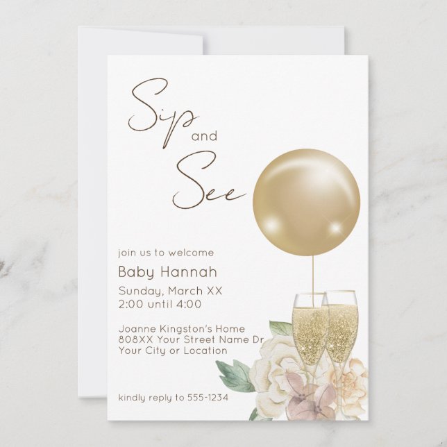 Gold Balloon with Champagne & Flowers Sip and See Invitation (Front)