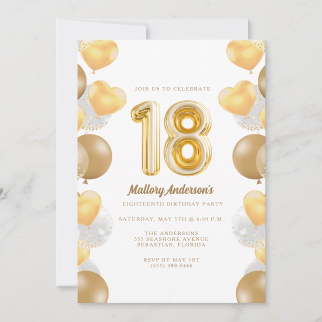 Gold Balloons 18th Birthday Party  Invitation (Front)