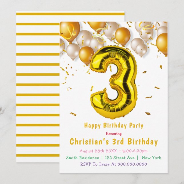 Gold Balloons 3rd Birthday Invitations  (Front/Back)