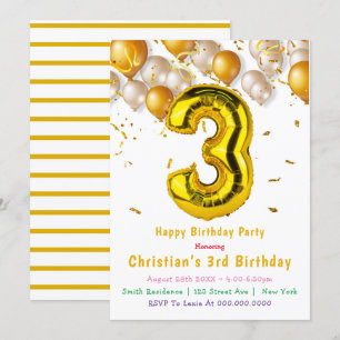 Gold Balloons 3rd Birthday Invitations