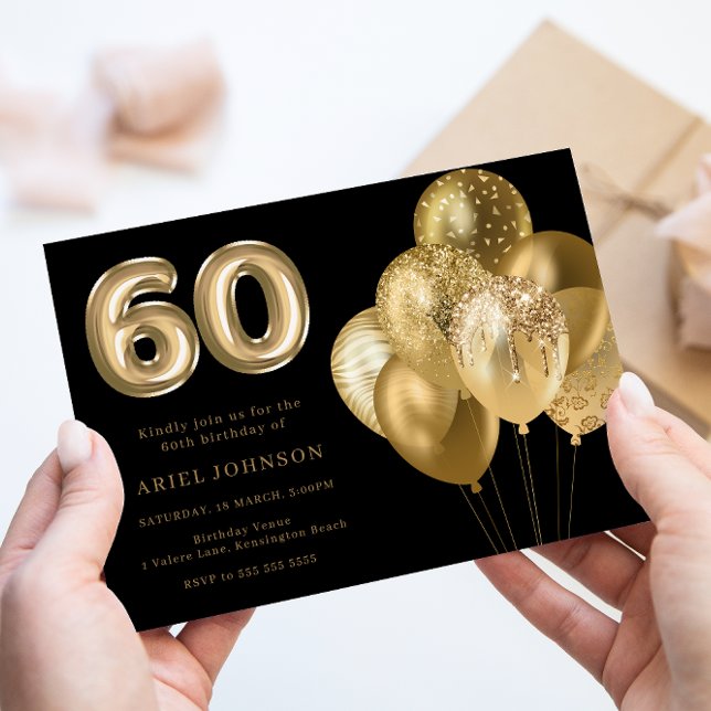 Gold Balloons 60th Birthday Party Black Invitation (Creator Uploaded)