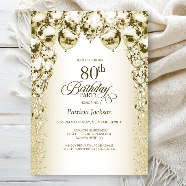 Gold Balloons 80th Birthday Party Invitation (Creator Uploaded)