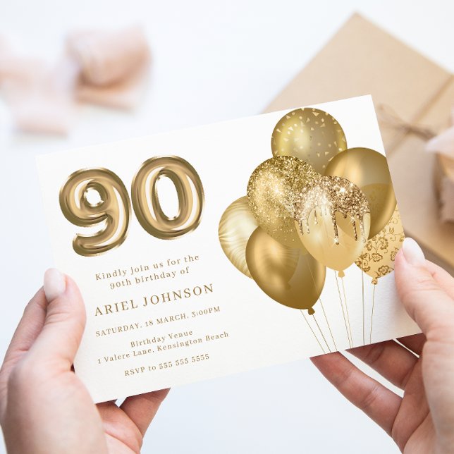 Gold Balloons 90th Birthday Party Invitation (Creator Uploaded)