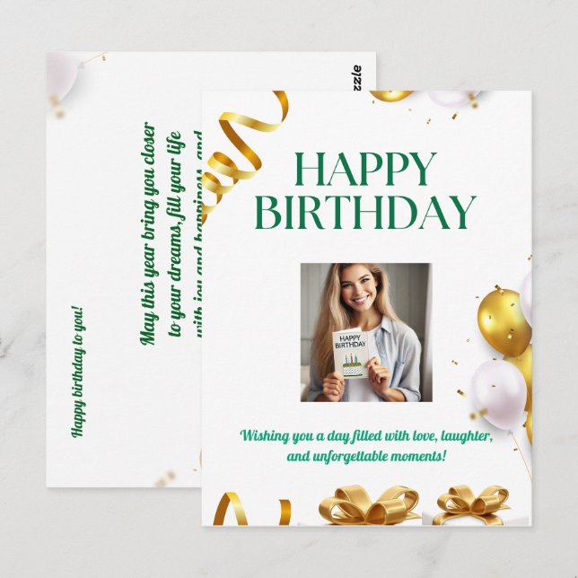 Gold Balloons Birthday Card with Gifts and Ribbons (Front/Back)