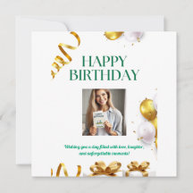 Gold Balloons Birthday Card with Gifts and Ribbons