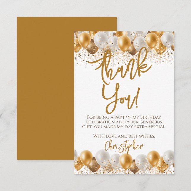 Gold Balloons Birthday Thank You Card (Front/Back)
