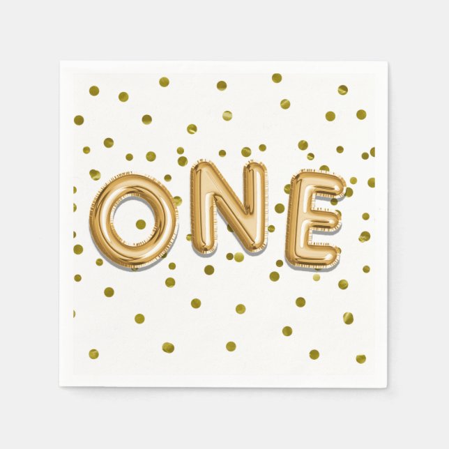 Gold Balloons & Confetti ONE 1st Birthday Party Napkin (Front)