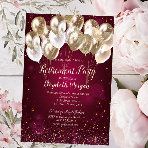 Gold Balloons Dots Red Retirement Invitation