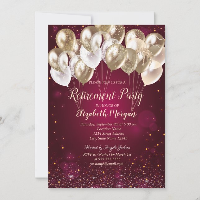 Gold Balloons Dots Red Retirement  Invitation (Front)
