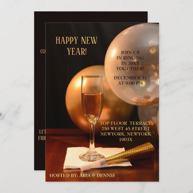 Gold Balloons New Year Champagne Flute  Invitation (Front/Back)