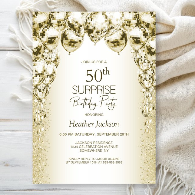 Gold Balloons Surprise 50th Birthday Party Invitation (Creator Uploaded)