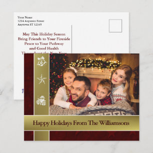 Gold Bands Red Surround Family Photo Holidays Postcard