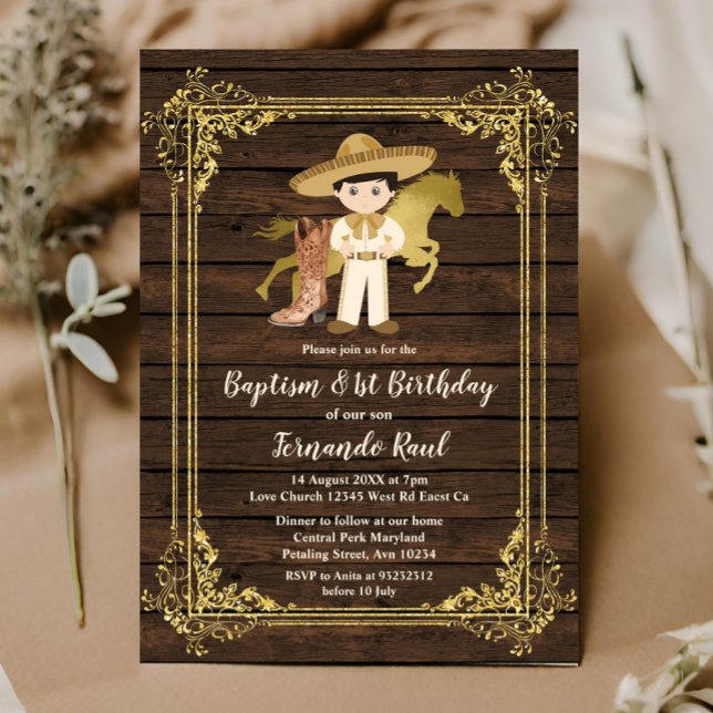  Gold Baptism First Birthday Mexican Rustic Wood Invitation (Creator Uploaded)