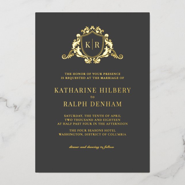 Gold Baroque Crest Dark Grey Monogram Wedding (Front)