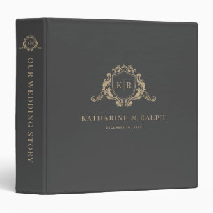 Gold Baroque Crest Dark Grey Monogram Wedding Binder