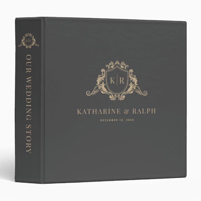 Gold Baroque Crest Dark Grey Monogram Wedding Binder (Front/Spine)