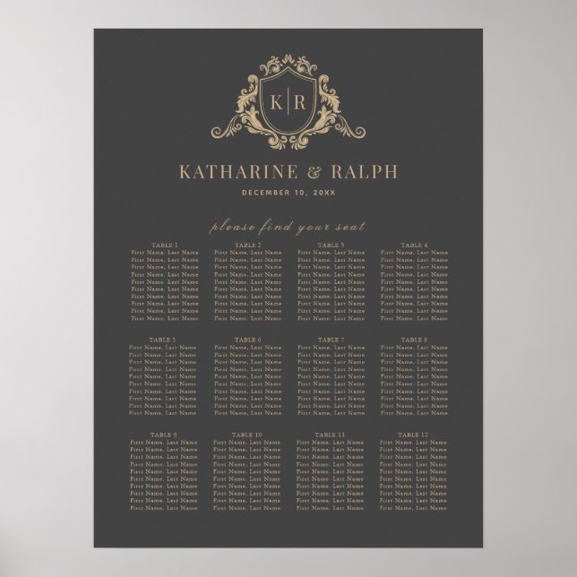 Gold Baroque Crest Monogram Wedding Seating Chart (Front)