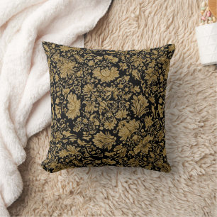 Gold Baroque Floral Allover on Black Throw Pillow