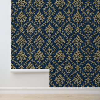 Gold Baroque Floral Dark Blue Wallpaper