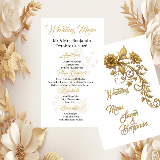 Gold Baroque Floral Script | Elegant Wedding Menu (Créateur téléchargé)