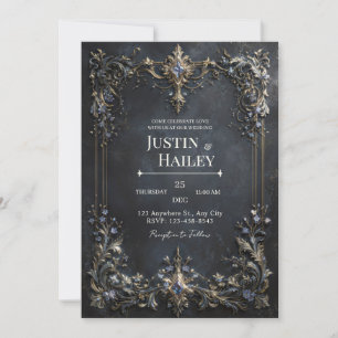 Gold Baroque Frame Blue Gem Dark Teal Wedding Invitation