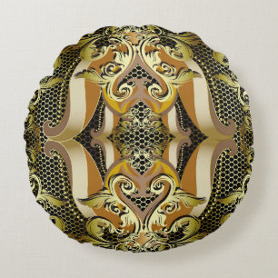 Gold Baroque luxury 3d vintage seamless pattern. L Round Pillow