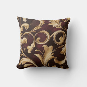 Gold Baroque Scroll on Burgundy Throw Pillow