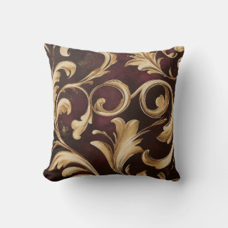 Gold Baroque Scroll on Burgundy Throw Pillow