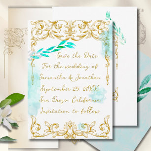 Gold Baroque Teal Aqua Calligraphy Vintage Save The Date