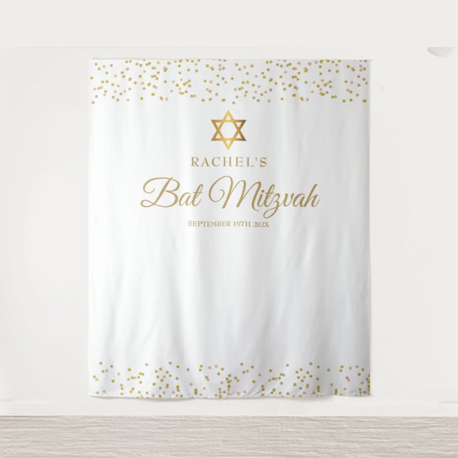 Gold Bat Bar Mitzvah Photo Backdrop Tapestry (Front)