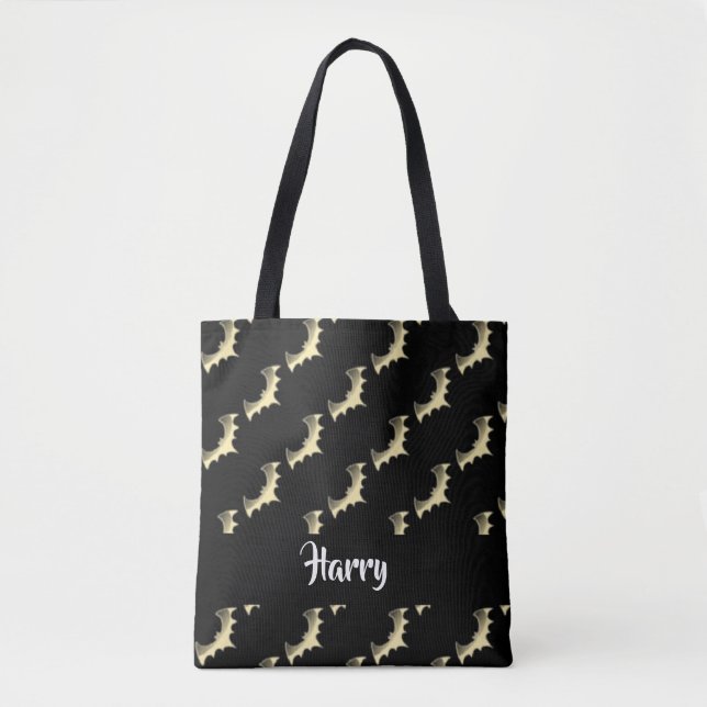Gold bats on black tote bag (Front)