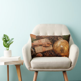 Gold Bauble and Christmas Present Lumbar Pillow