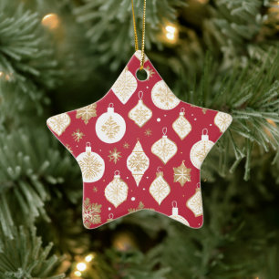 Gold Bauble Design red background Ceramic Ornament