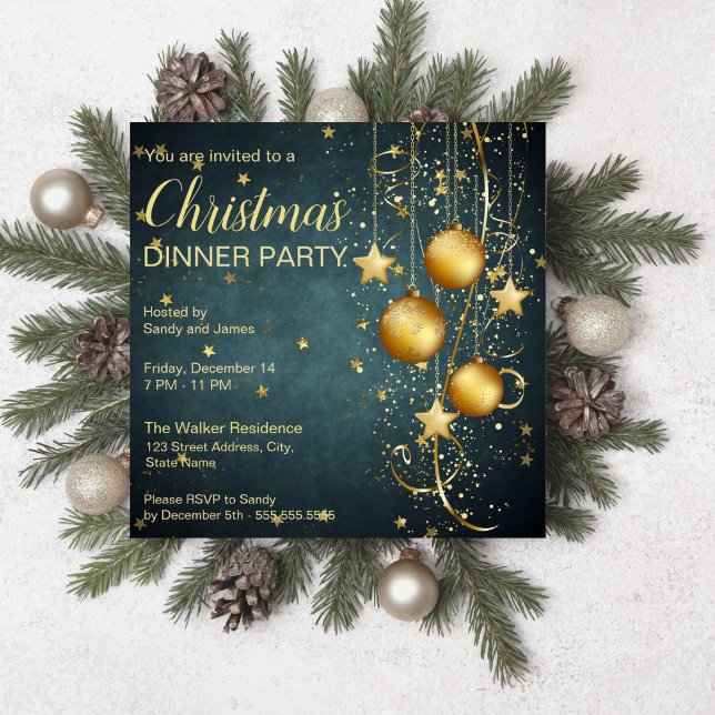 Gold baubles and stars dark teal green Christmas Invitation (Gold baubles and stars dark teal green Christmas Invitation starry night christmas party invitation )