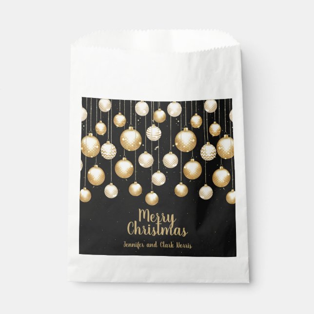 Gold Baubles Christmas Ornaments on Black Favour Bag (Front)