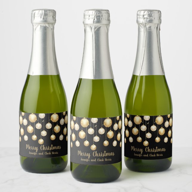 Gold Baubles Christmas Ornaments on Black Mini Sparkling Wine Label (Bottles)
