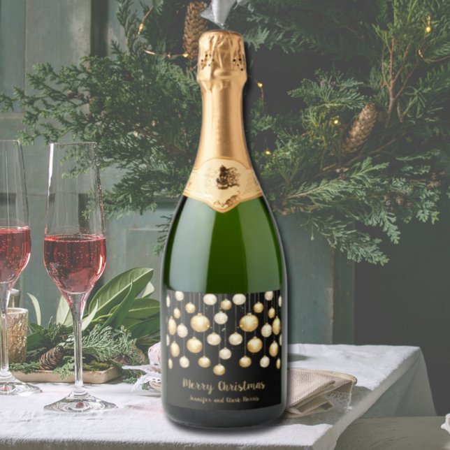 Gold Baubles Christmas Ornaments on Black Sparkling Wine Label (Creator Uploaded)