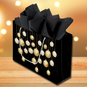 Gold Baubles Christmas Tree Ornaments on Black Large Gift Bag