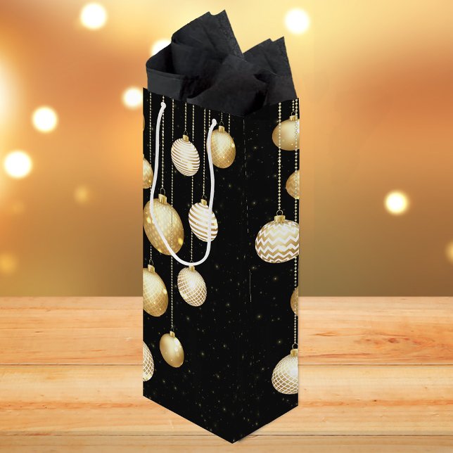Gold Baubles Christmas Tree Ornaments on Black Wine Gift Bag (Creator Uploaded)