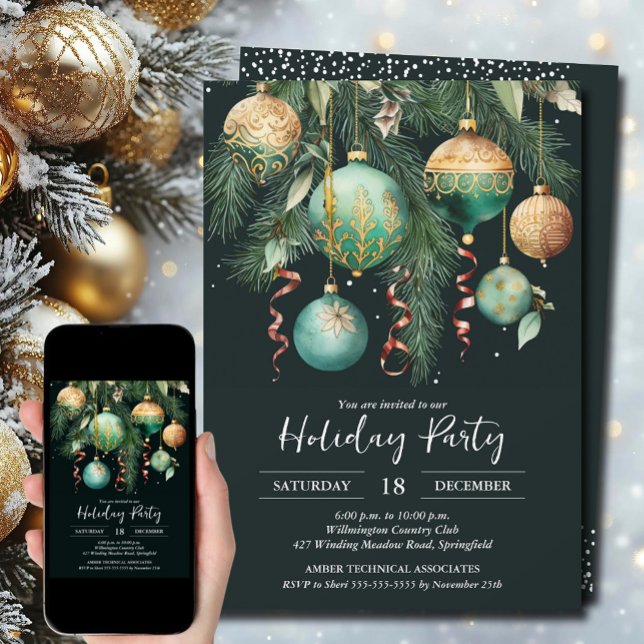 Gold Baubles Christmas Tree Party Invitation (Gold and Green Baubles Christmas Tree Party Invitations - INSTANT DOWNLOAD and/or PRINTED)
