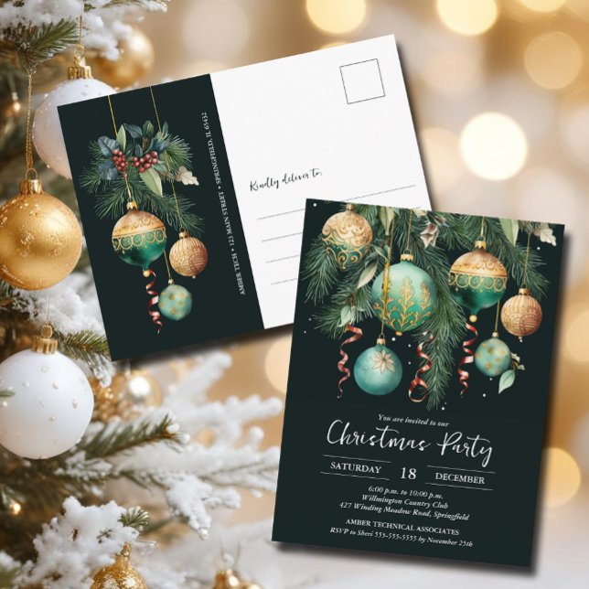 Gold Baubles Christmas Tree Party Invitation (Gold and green Christmas tree party invitation postcards)