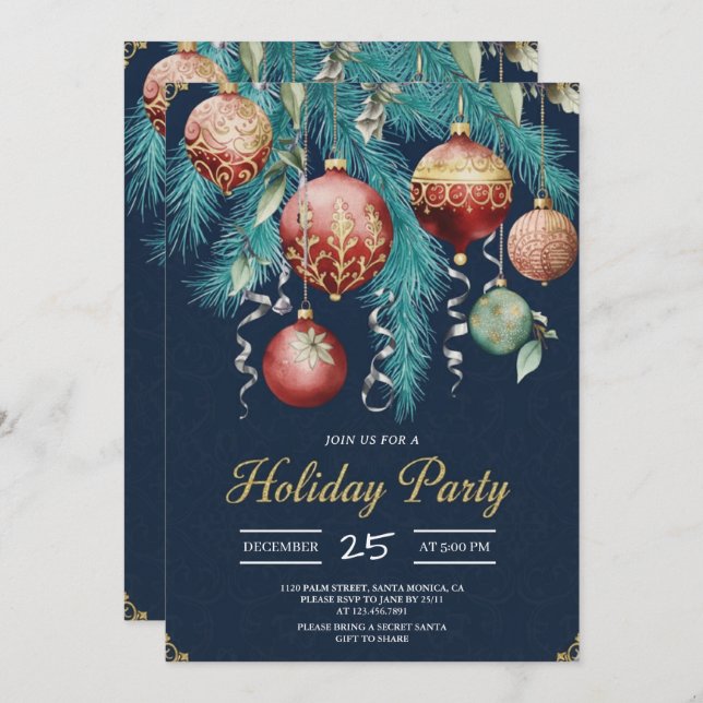 Gold Baubles Christmas Tree Party Invitation (Front/Back)