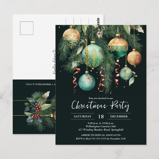 Gold Baubles Christmas Tree Party Invitation Postcard (Front/Back)