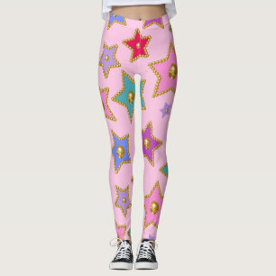 Gold Beads Embelished Color Stars on Pink Ground Leggings