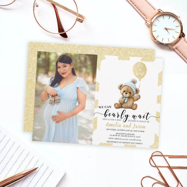 Gold bear balloon boy baby shower photo invitation (Creator Uploaded)