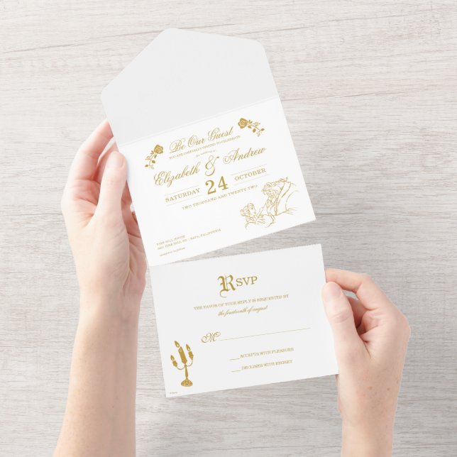 Gold Beauty and the Beast Fairy Tale Wedding All In One Invitation (Tearaway)